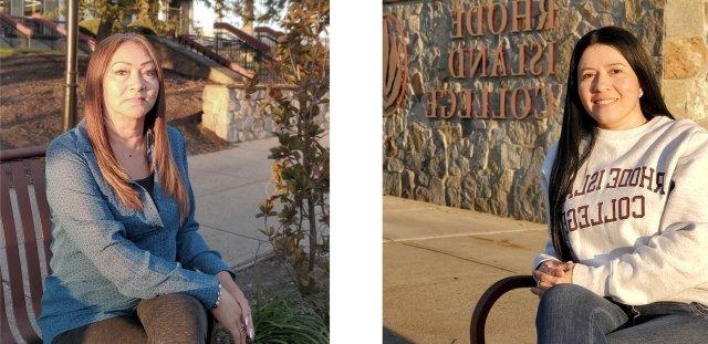 Social work student and alumnus sit on bench in campus Quad